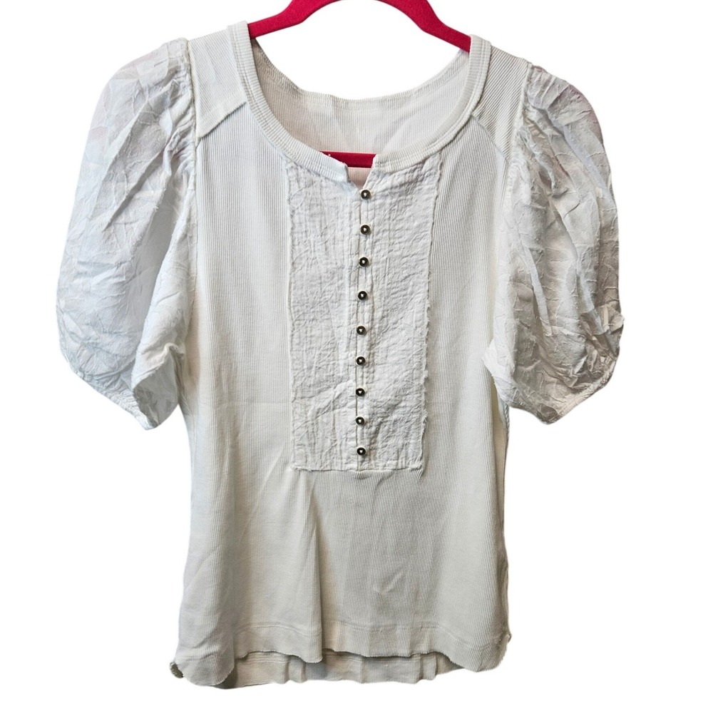Pilcro White Ribbed Mixed Media Puff Sleeve Button Bib Top Small - Picture 2 of 6